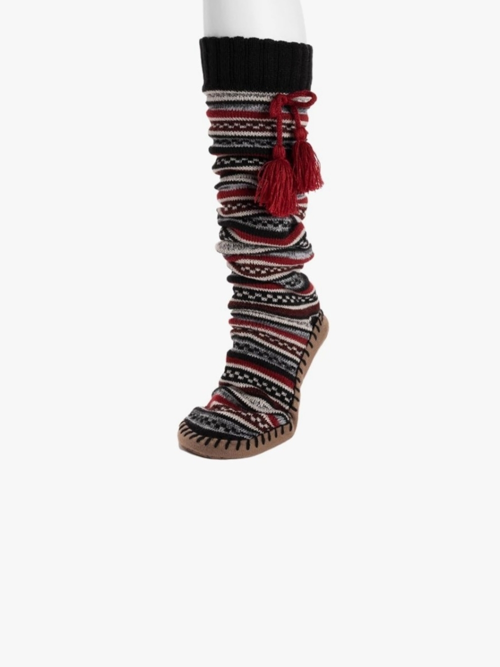 Knit Slouchy Tassel Muk Luk Slipper Socks  in Black and Red